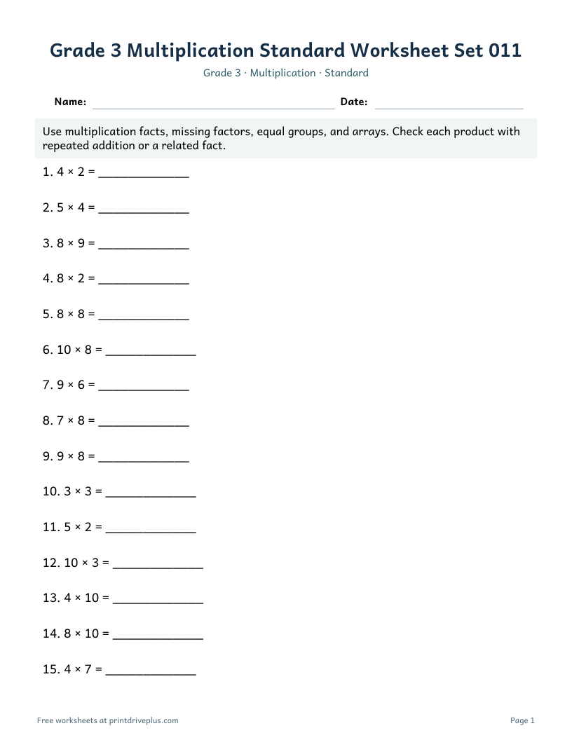 Preview of Grade 3 Multiplication Standard Worksheet Set 011