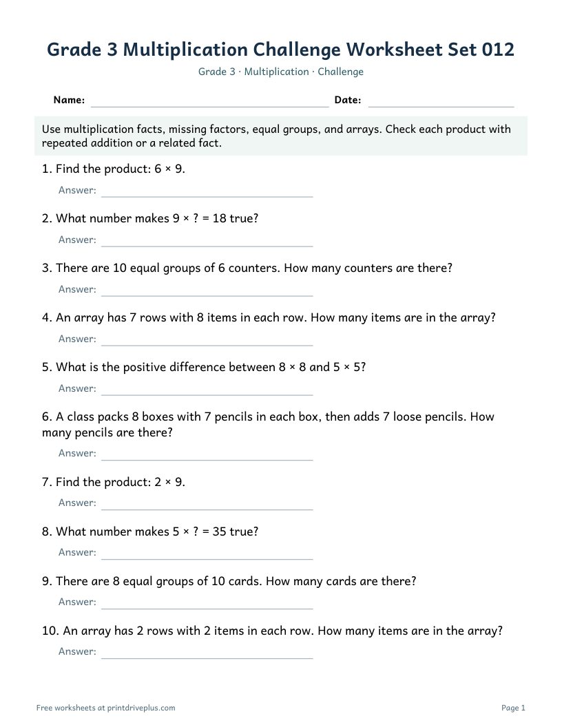 Preview of Grade 3 Multiplication Challenge Worksheet Set 012