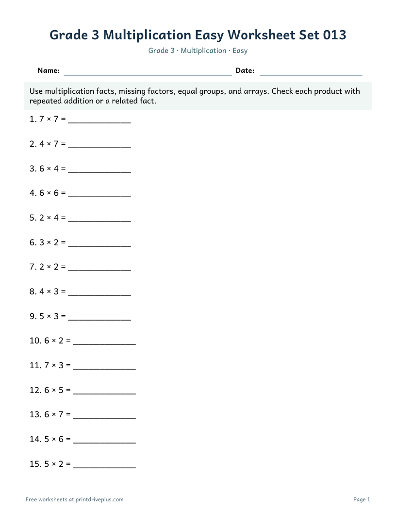 Preview of Grade 3 Multiplication Easy Worksheet Set 013