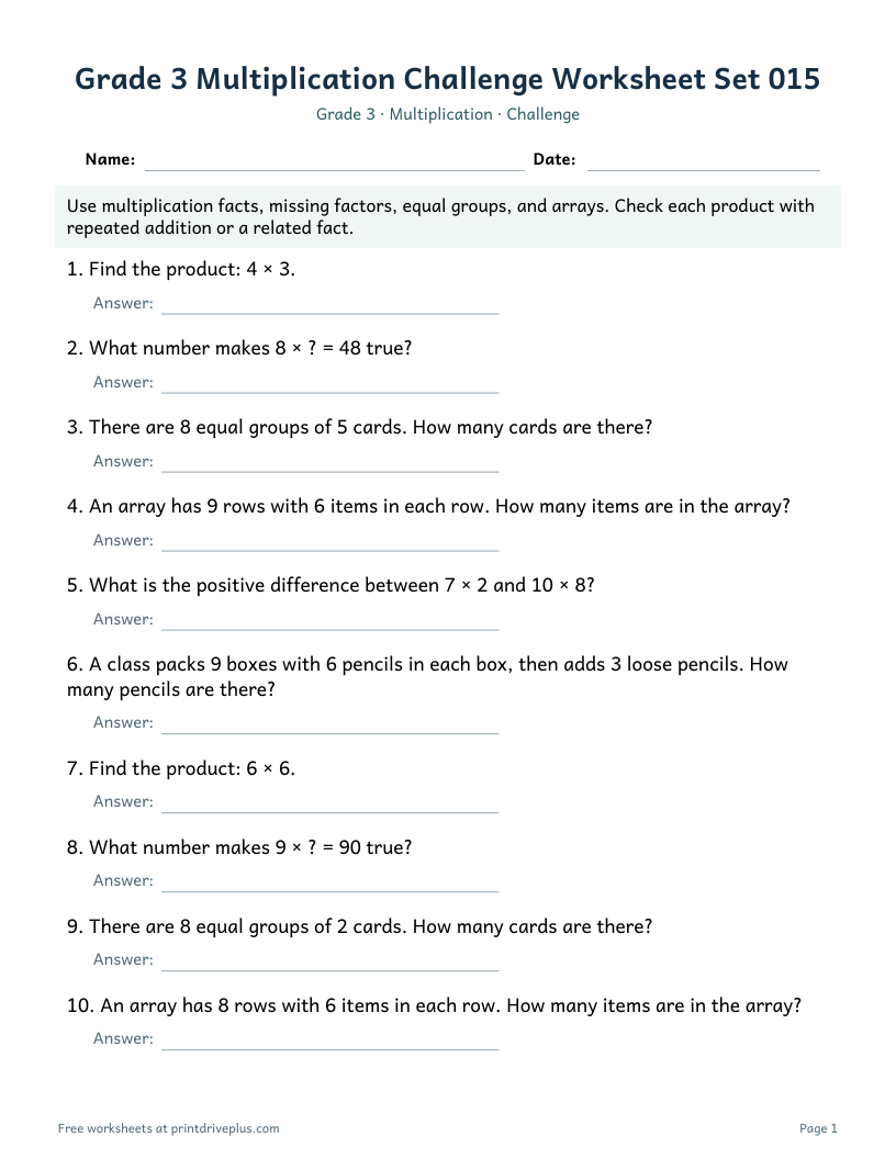 Preview of Grade 3 Multiplication Challenge Worksheet Set 015