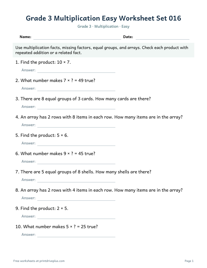 Preview of Grade 3 Multiplication Easy Worksheet Set 016