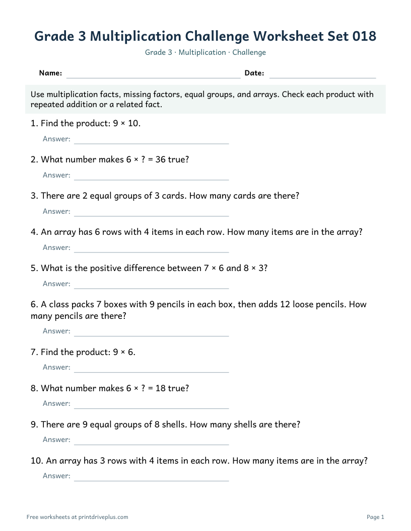 Preview of Grade 3 Multiplication Challenge Worksheet Set 018
