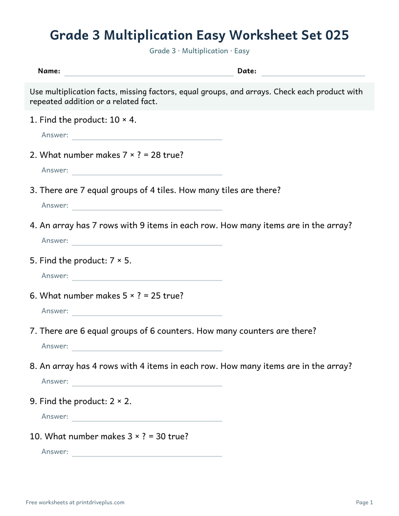 Preview of Grade 3 Multiplication Easy Worksheet Set 025