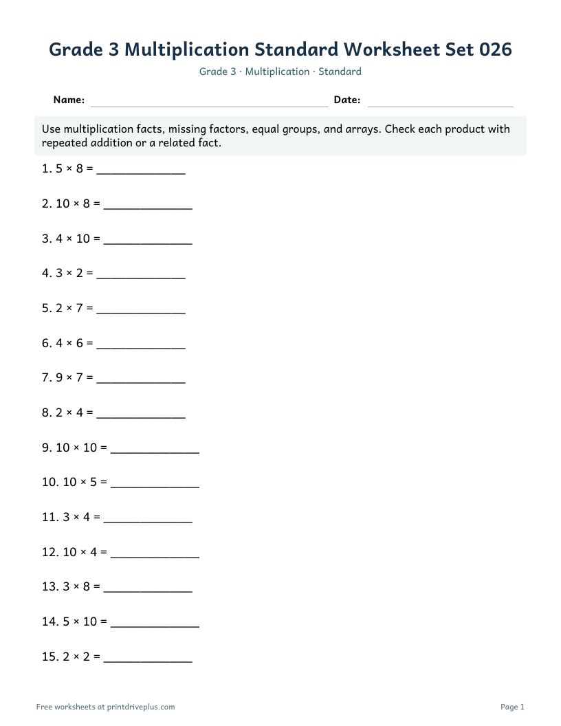 Preview of Grade 3 Multiplication Standard Worksheet Set 026