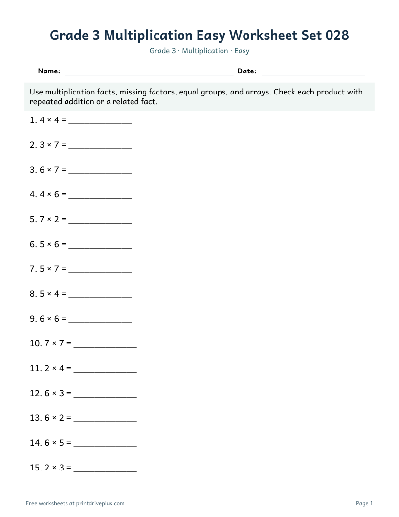 Preview of Grade 3 Multiplication Easy Worksheet Set 028