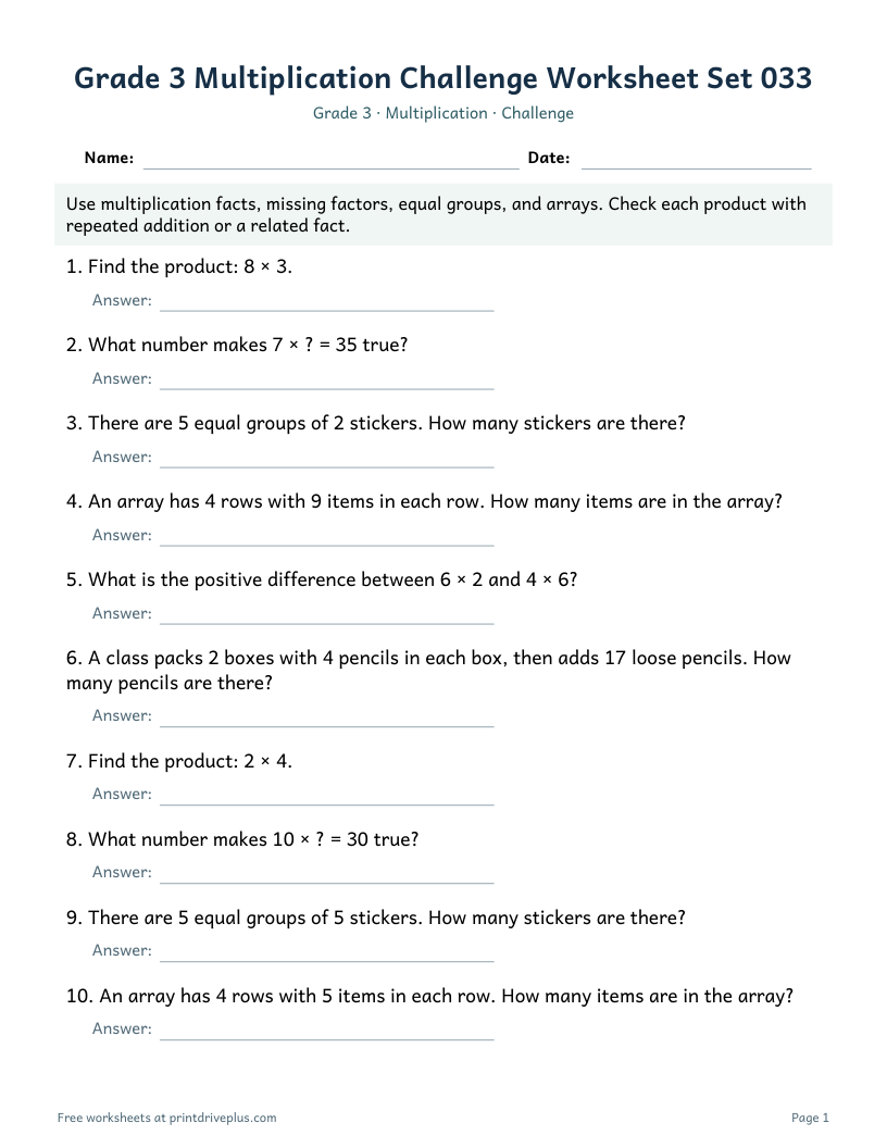 Preview of Grade 3 Multiplication Challenge Worksheet Set 033