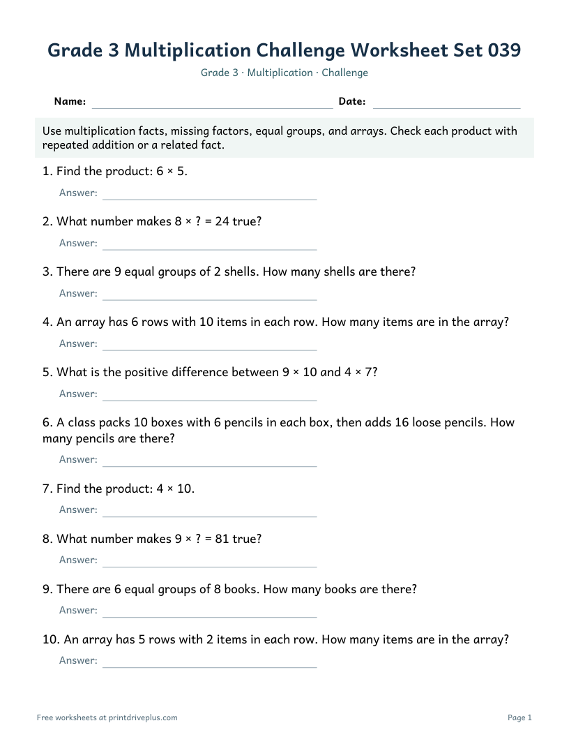 Preview of Grade 3 Multiplication Challenge Worksheet Set 039
