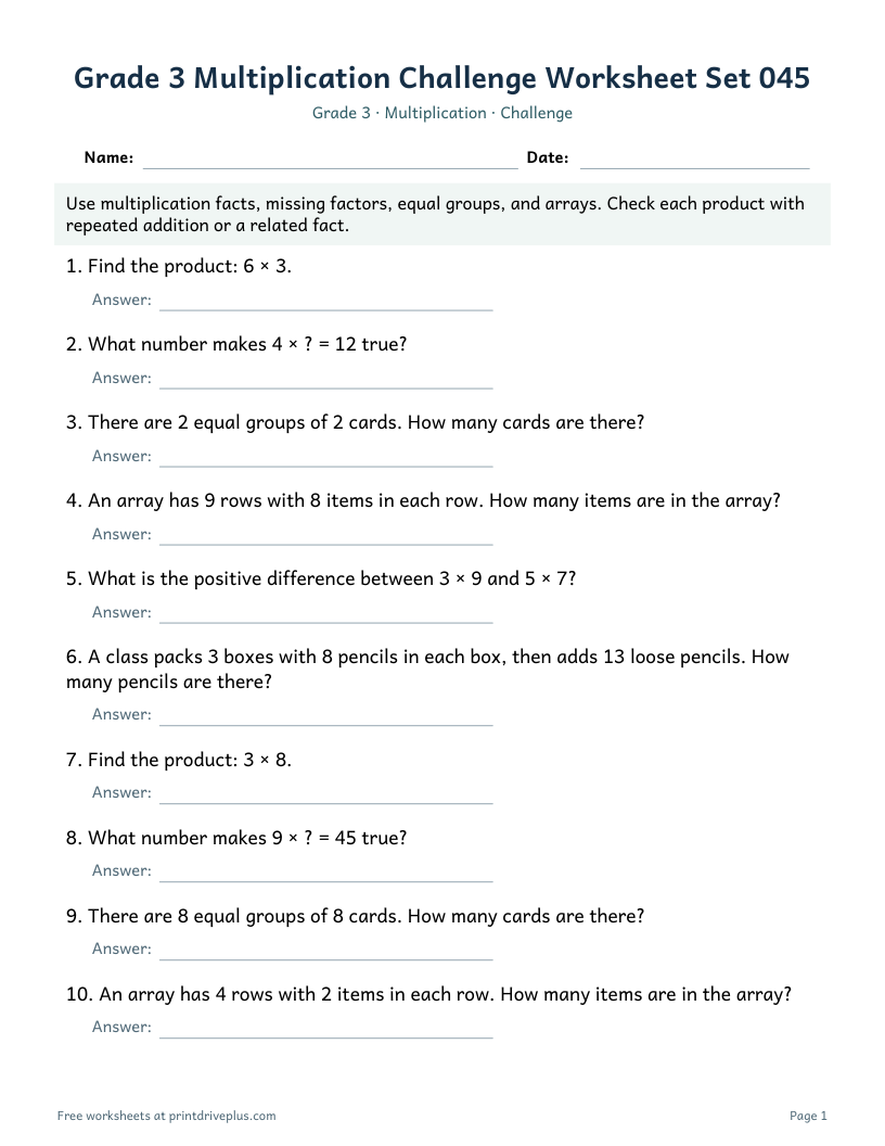 Preview of Grade 3 Multiplication Challenge Worksheet Set 045