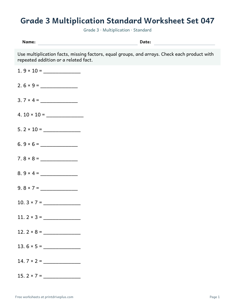Preview of Grade 3 Multiplication Standard Worksheet Set 047