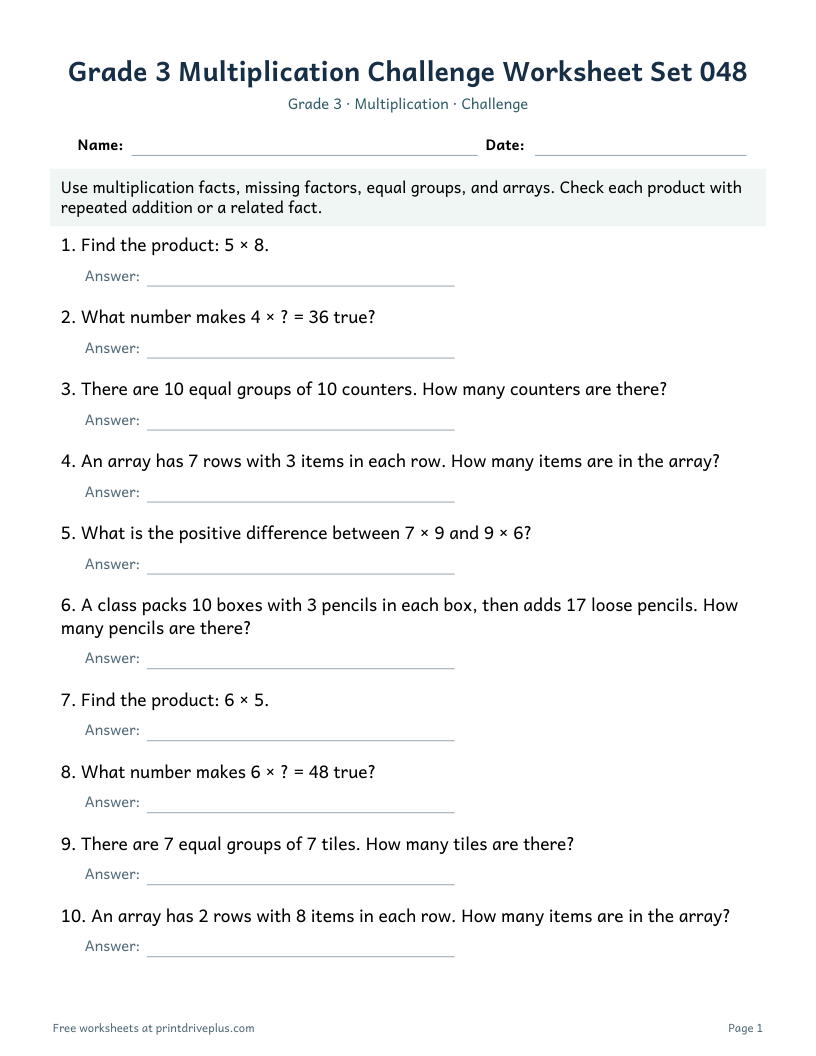 Preview of Grade 3 Multiplication Challenge Worksheet Set 048