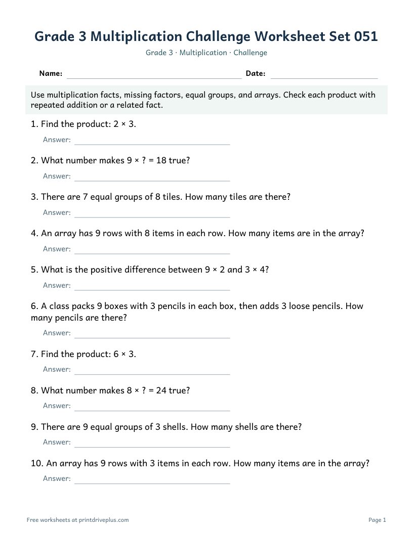 Preview of Grade 3 Multiplication Challenge Worksheet Set 051