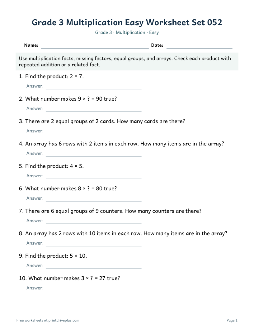 Preview of Grade 3 Multiplication Easy Worksheet Set 052