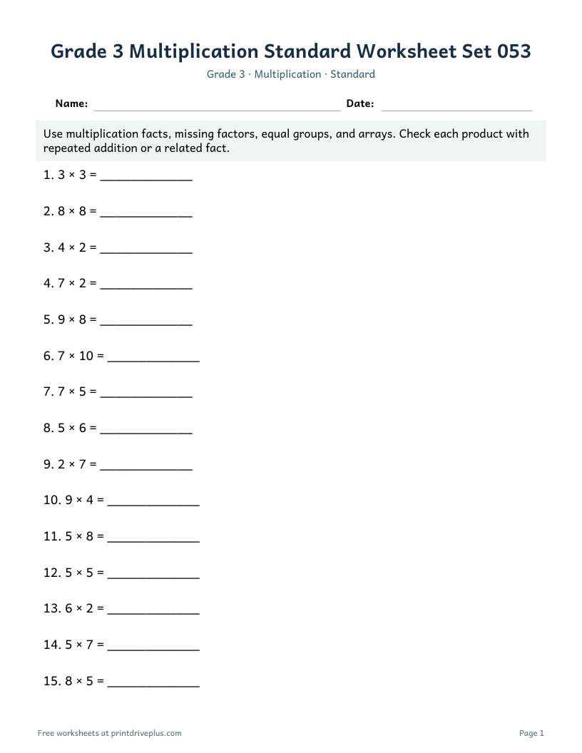 Preview of Grade 3 Multiplication Standard Worksheet Set 053