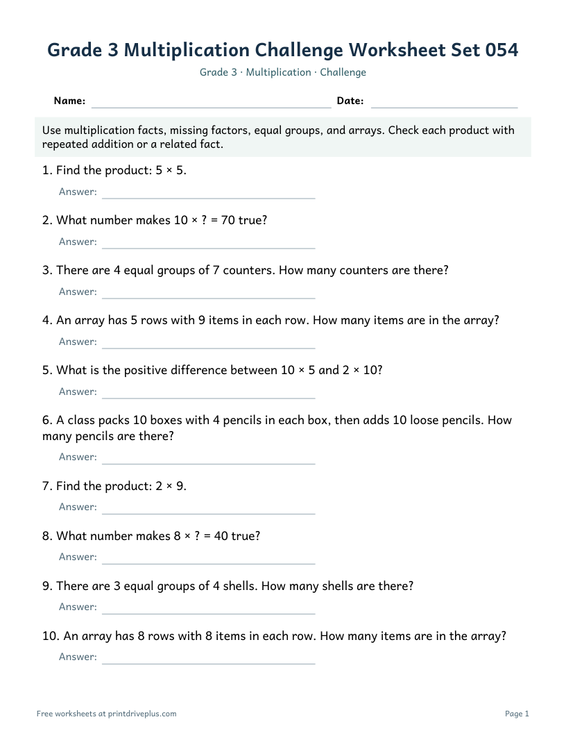 Preview of Grade 3 Multiplication Challenge Worksheet Set 054