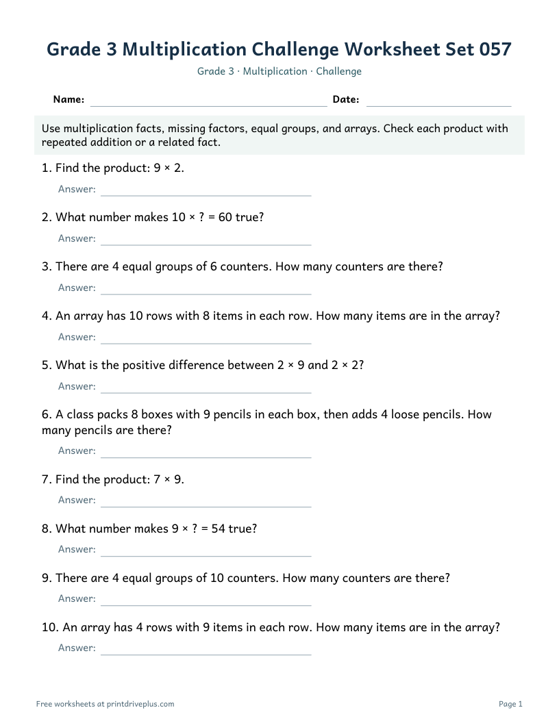 Preview of Grade 3 Multiplication Challenge Worksheet Set 057