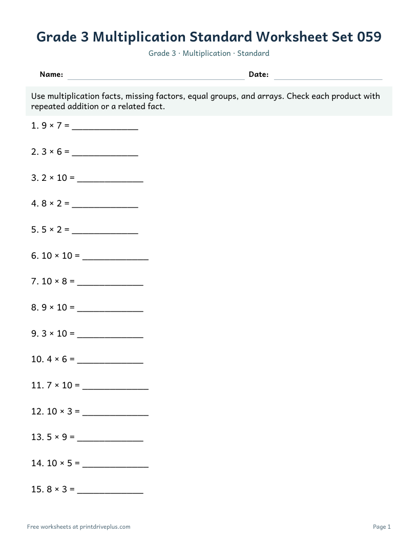 Preview of Grade 3 Multiplication Standard Worksheet Set 059