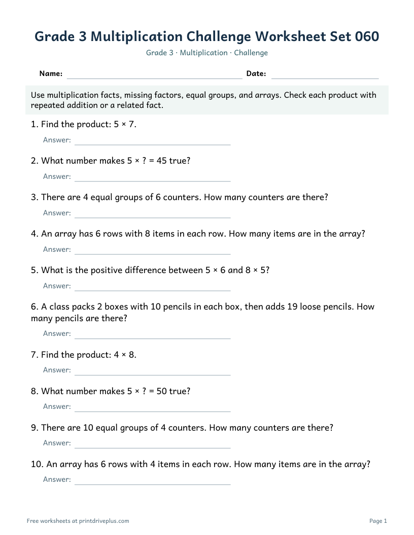Preview of Grade 3 Multiplication Challenge Worksheet Set 060
