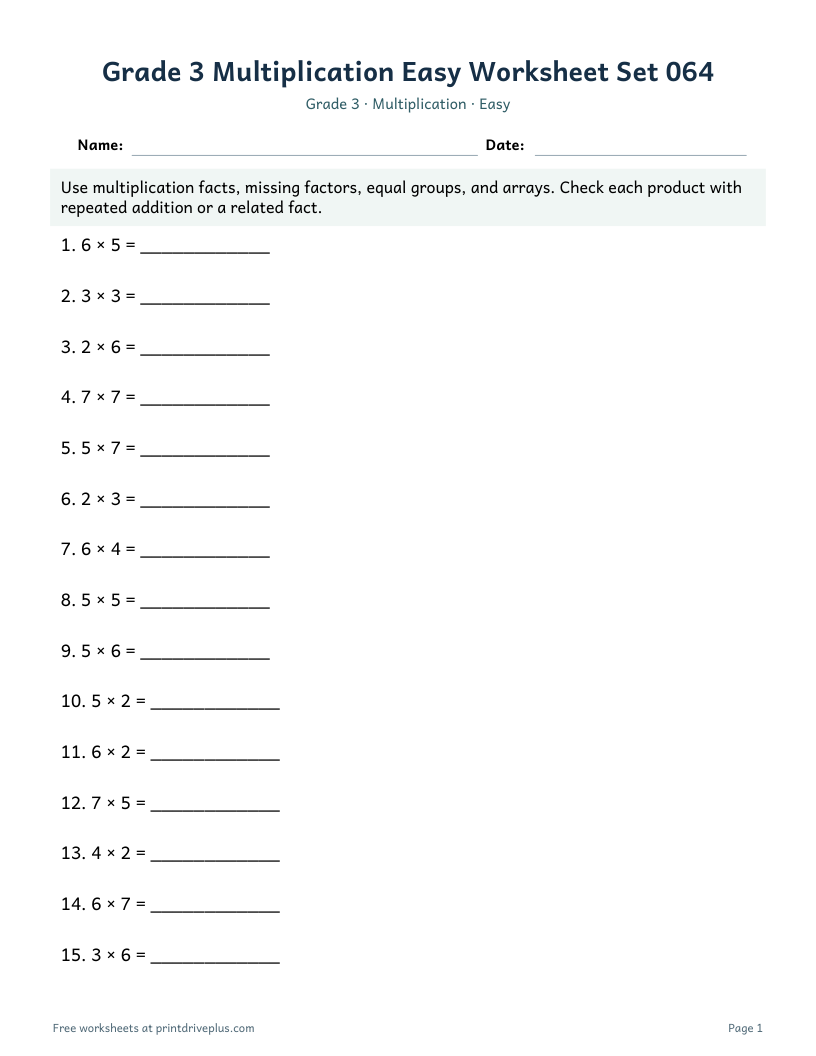 Preview of Grade 3 Multiplication Easy Worksheet Set 064