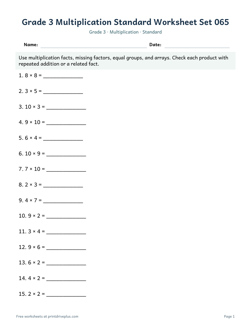 Preview of Grade 3 Multiplication Standard Worksheet Set 065