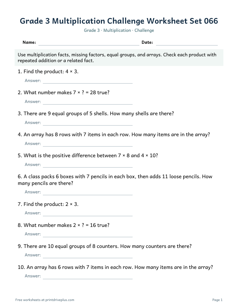 Preview of Grade 3 Multiplication Challenge Worksheet Set 066
