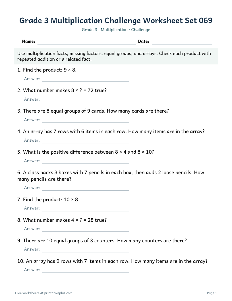 Preview of Grade 3 Multiplication Challenge Worksheet Set 069