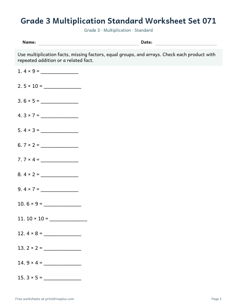 Preview of Grade 3 Multiplication Standard Worksheet Set 071