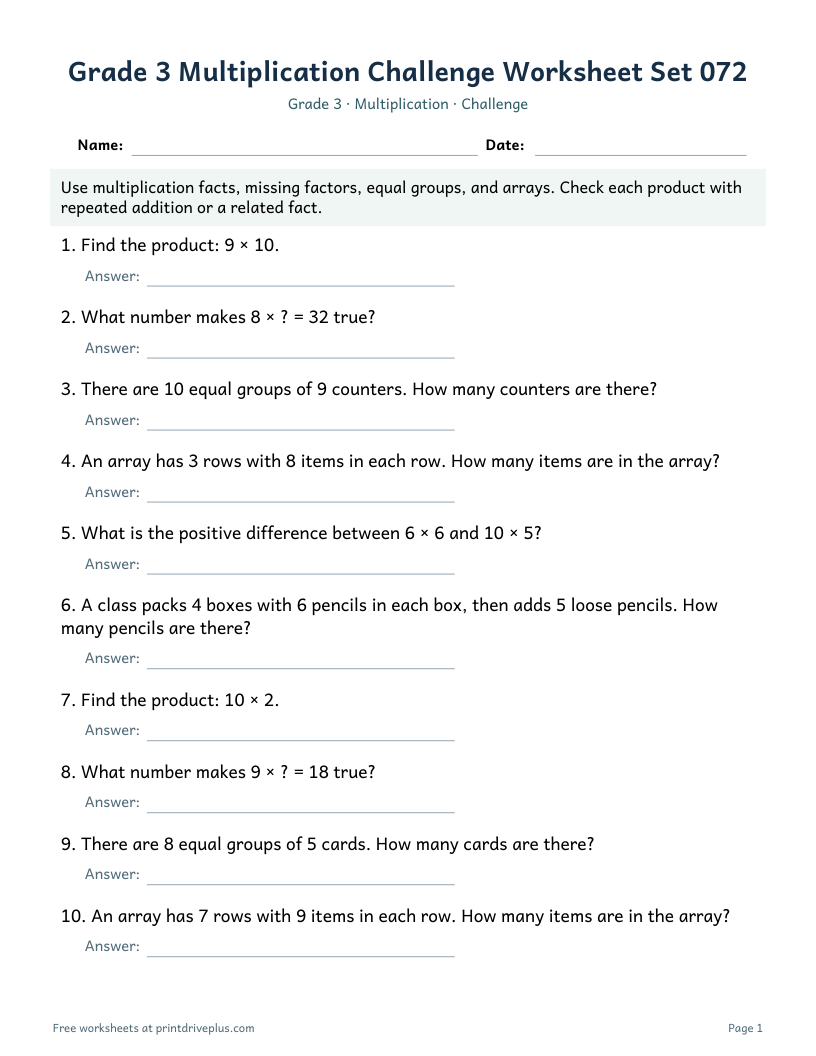 Preview of Grade 3 Multiplication Challenge Worksheet Set 072