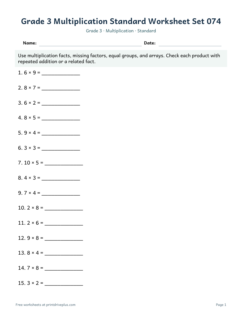 Preview of Grade 3 Multiplication Standard Worksheet Set 074
