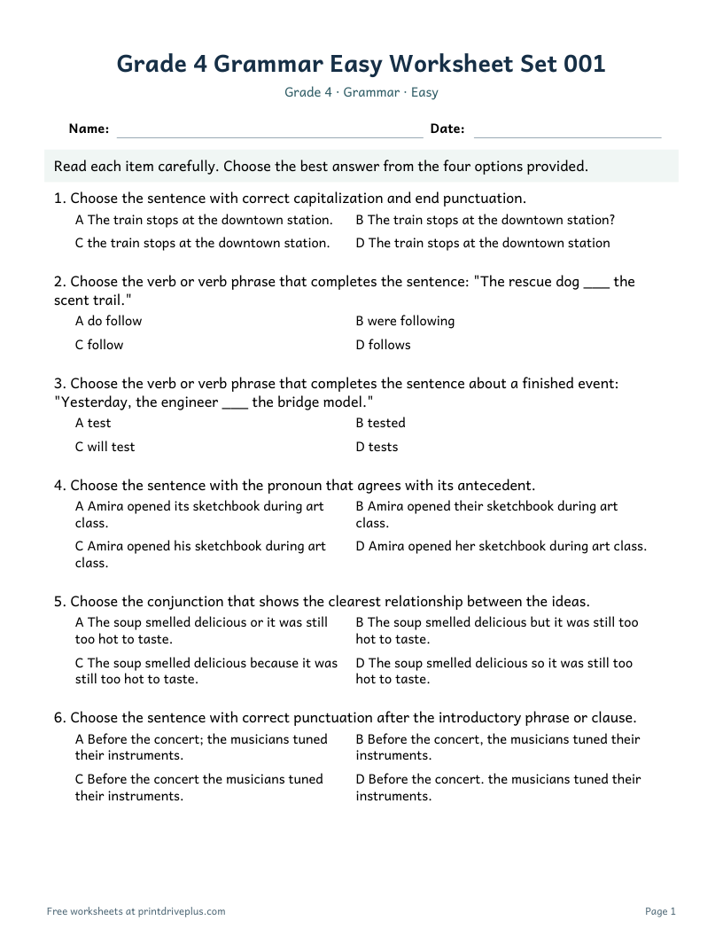 Preview of Grade 4 Grammar Easy Worksheet Set 001