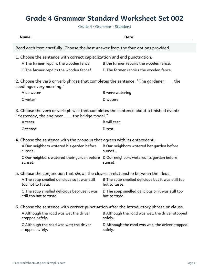 Preview of Grade 4 Grammar Standard Worksheet Set 002