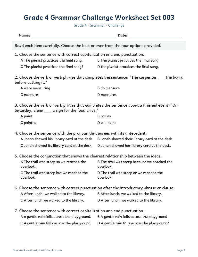 Preview of Grade 4 Grammar Challenge Worksheet Set 003