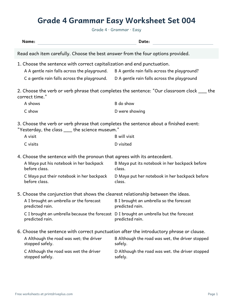 Preview of Grade 4 Grammar Easy Worksheet Set 004