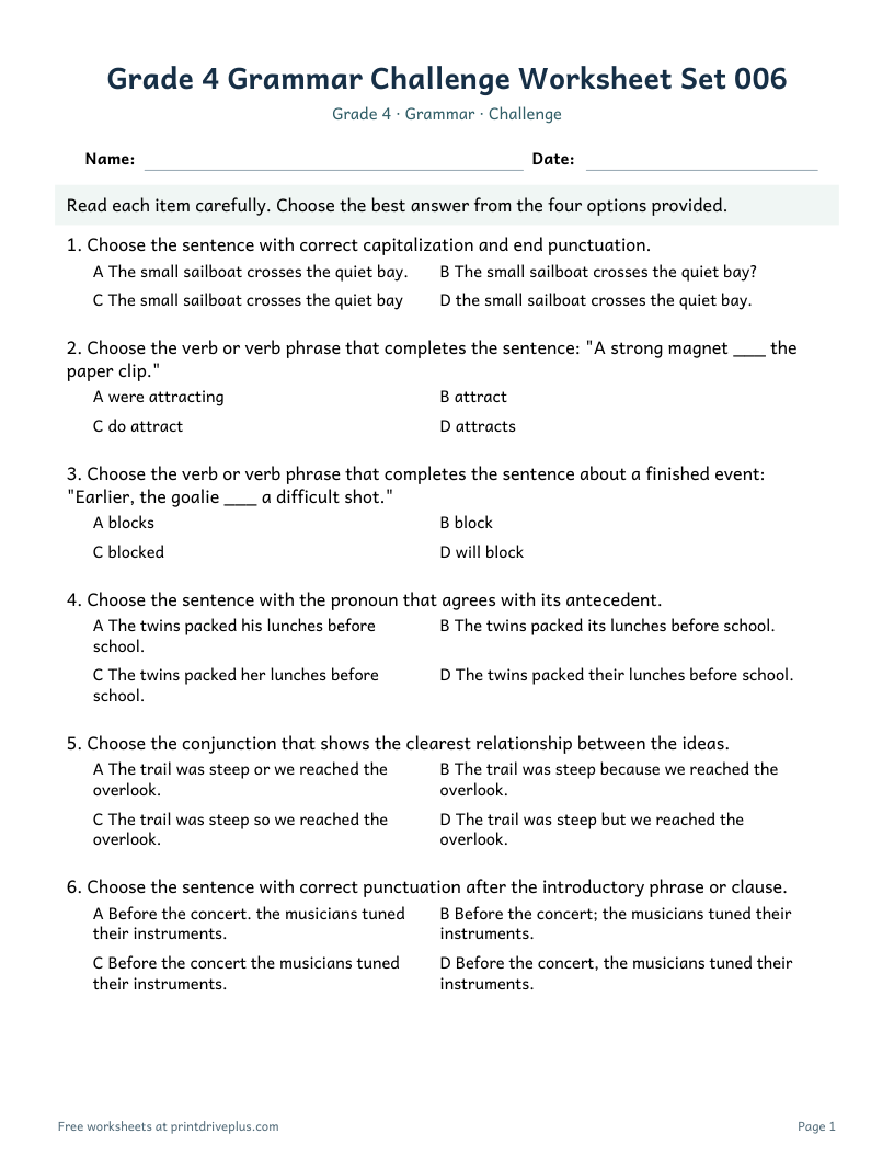 Preview of Grade 4 Grammar Challenge Worksheet Set 006