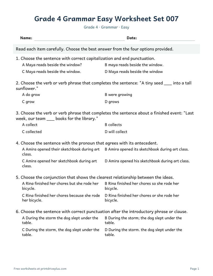 Preview of Grade 4 Grammar Easy Worksheet Set 007