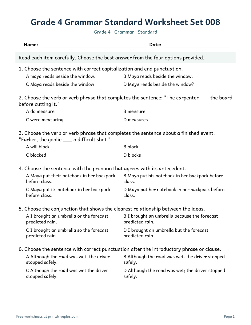 Preview of Grade 4 Grammar Standard Worksheet Set 008