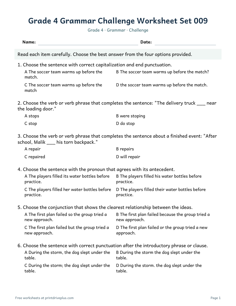 Preview of Grade 4 Grammar Challenge Worksheet Set 009
