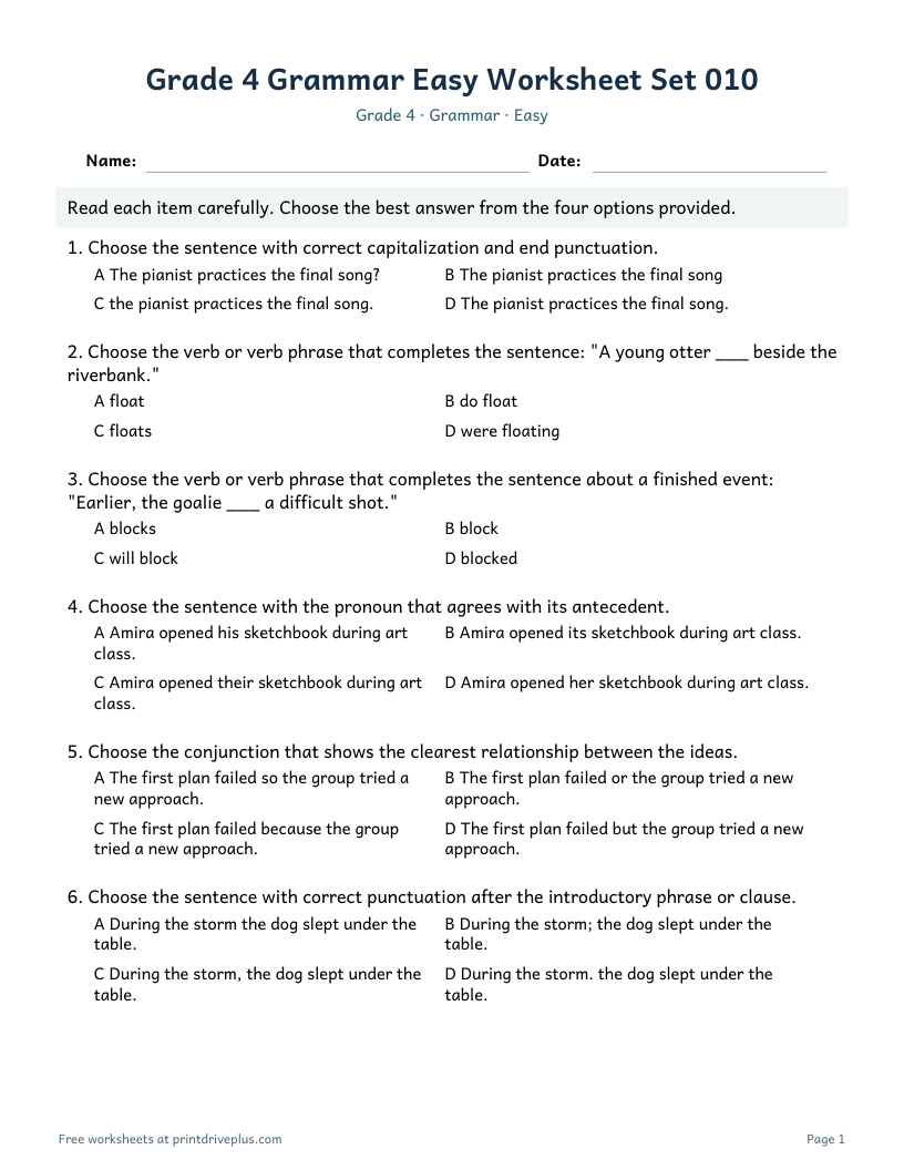 Preview of Grade 4 Grammar Easy Worksheet Set 010