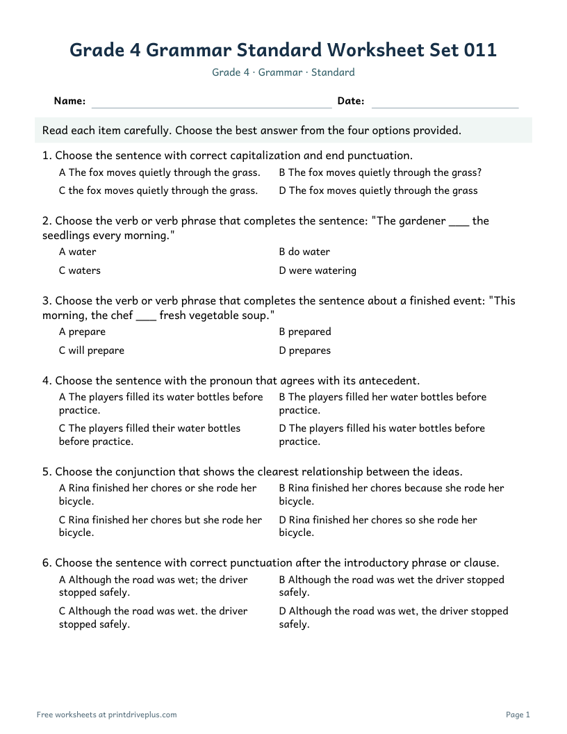 Preview of Grade 4 Grammar Standard Worksheet Set 011