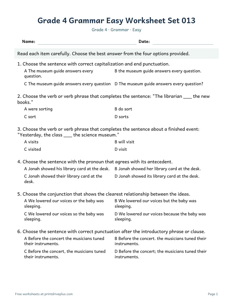 Preview of Grade 4 Grammar Easy Worksheet Set 013
