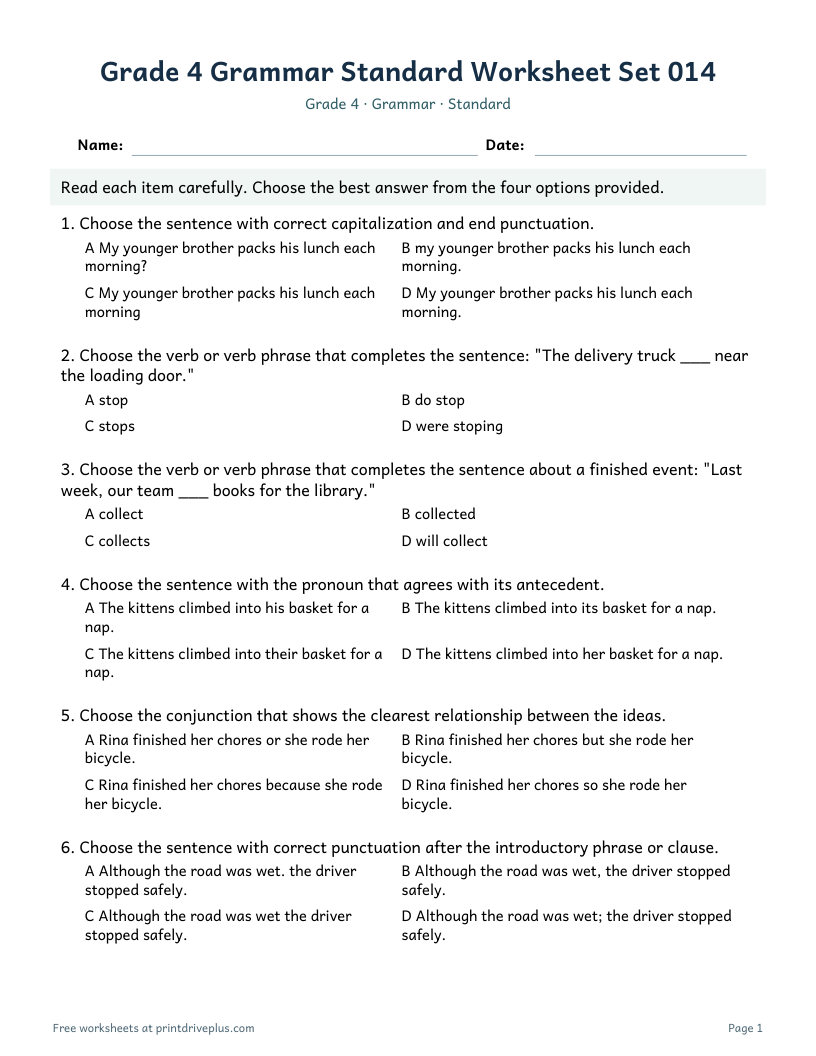 Preview of Grade 4 Grammar Standard Worksheet Set 014