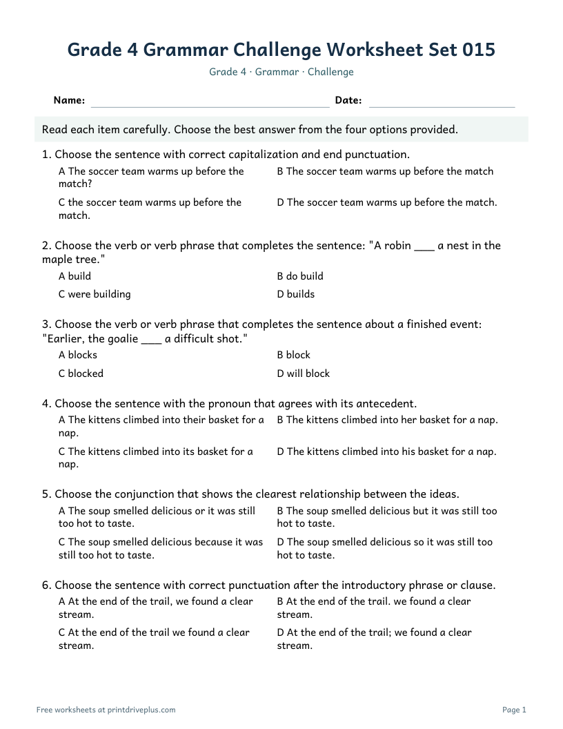 Preview of Grade 4 Grammar Challenge Worksheet Set 015