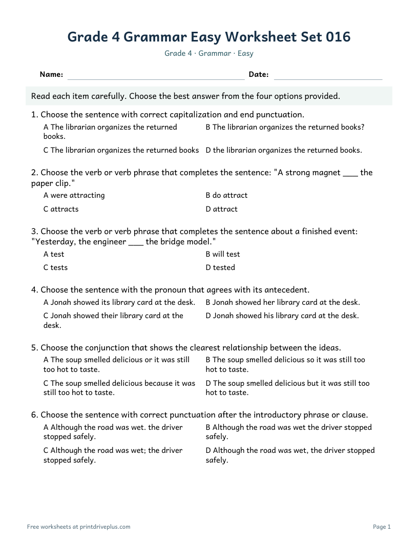 Preview of Grade 4 Grammar Easy Worksheet Set 016