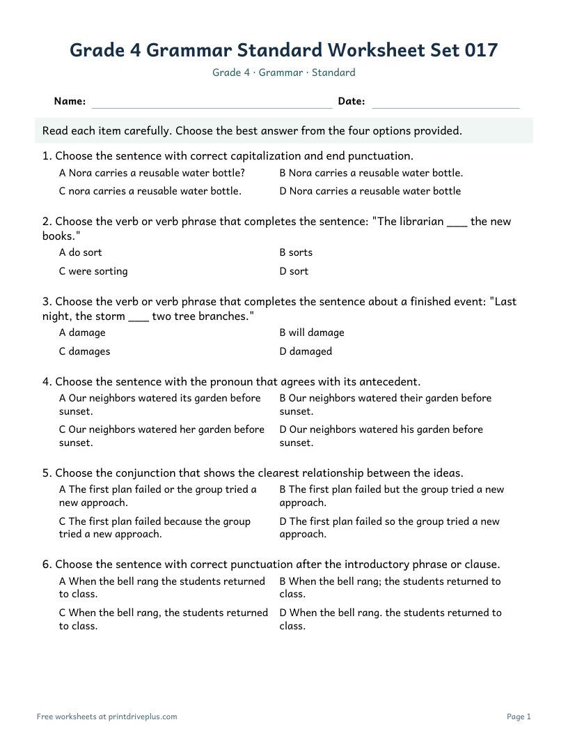 Preview of Grade 4 Grammar Standard Worksheet Set 017