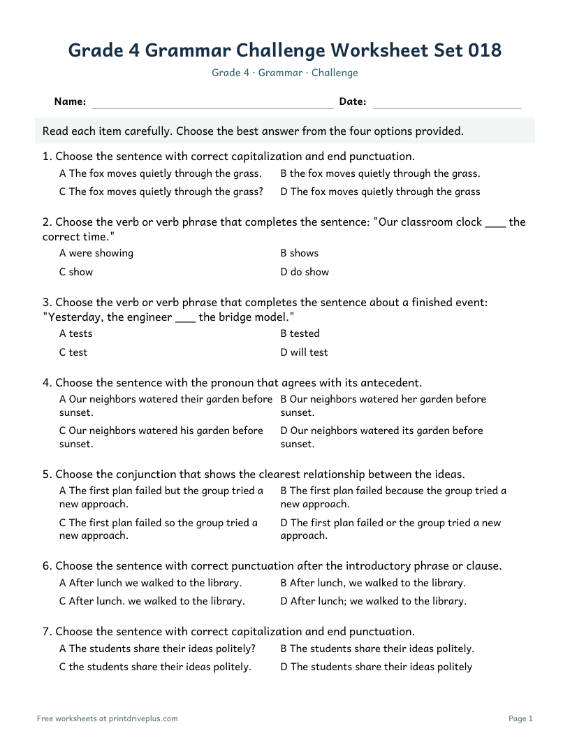 Preview of Grade 4 Grammar Challenge Worksheet Set 018