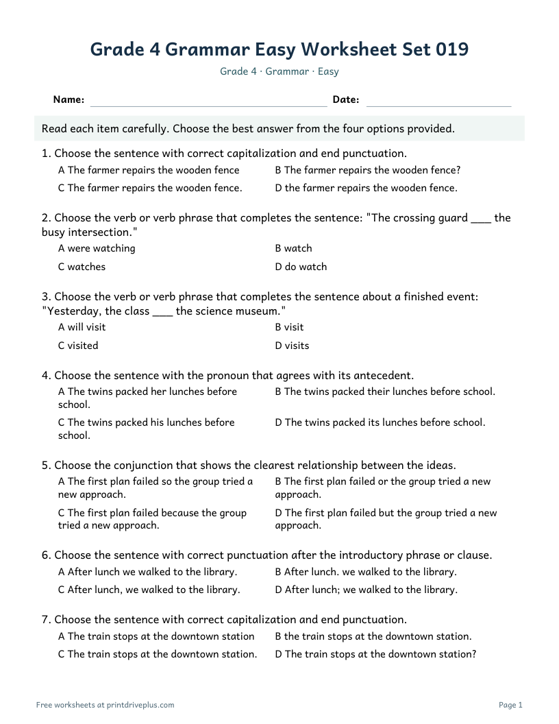 Preview of Grade 4 Grammar Easy Worksheet Set 019
