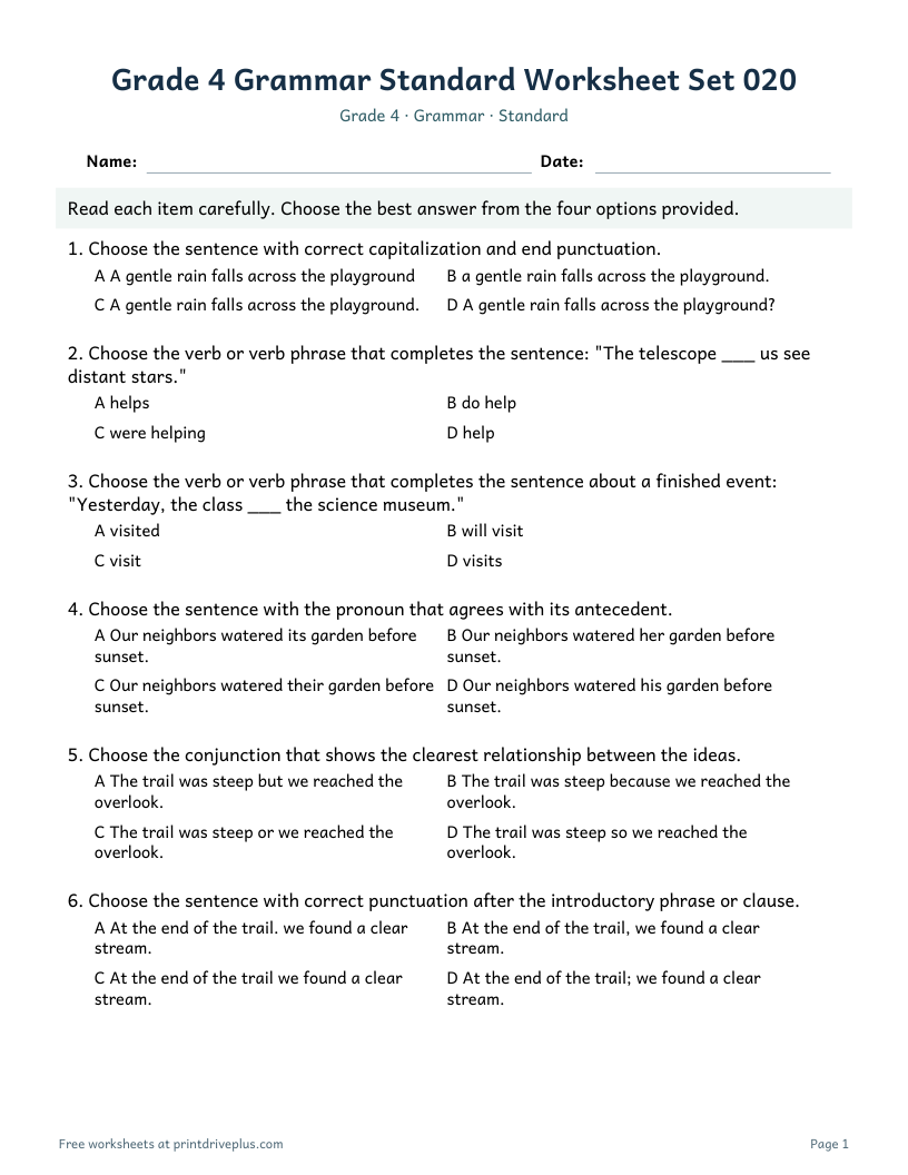 Preview of Grade 4 Grammar Standard Worksheet Set 020