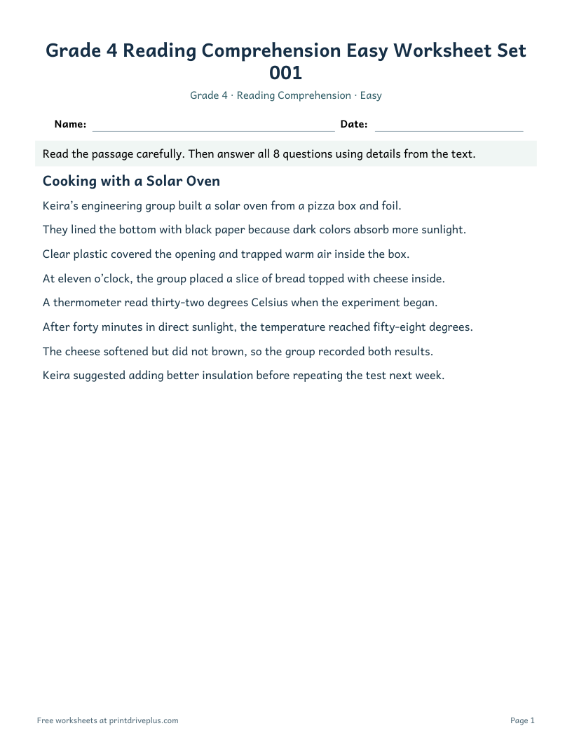 Preview of Grade 4 Reading Comprehension Easy Worksheet Set 001
