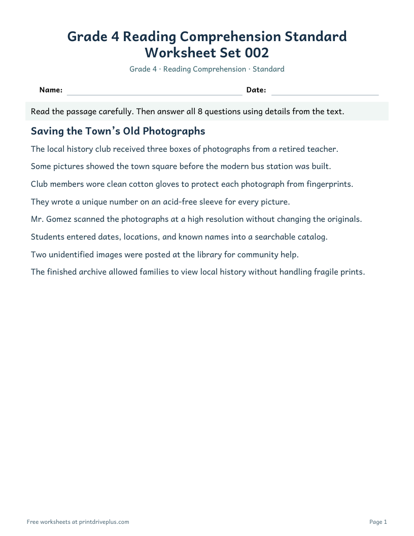 Preview of Grade 4 Reading Comprehension Standard Worksheet Set 002