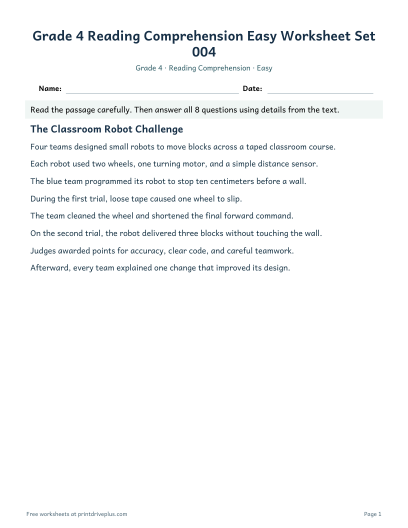 Preview of Grade 4 Reading Comprehension Easy Worksheet Set 004