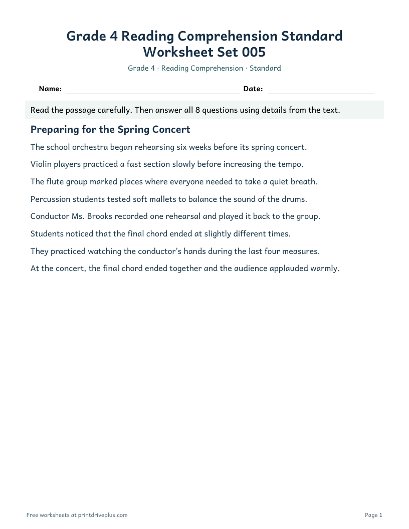 Preview of Grade 4 Reading Comprehension Standard Worksheet Set 005